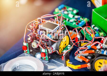 Car robot toy for kids education engineer by microcontroller circuit board  SOC Microchip microcontroller. Stock Photo