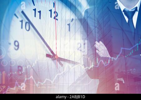 Business times high efficiency management and working hours concept. Clock face overlay with businessman. Stock Photo