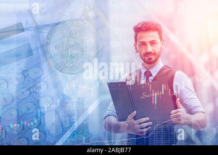 Hispanic Business man Thumb up overlay double exposure with money wealth stock chart with successful concept. Stock Photo