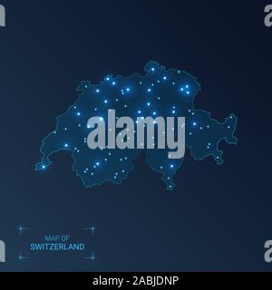 Switzerland map with cities. Luminous dots - neon lights on dark background. Vector illustration. Stock Vector