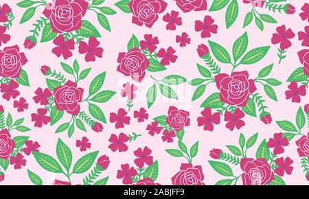 Wallpaper vintage purple floral pattern bakground, green leaves. Stock Vector