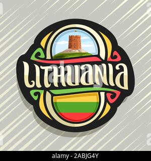 Vector logo for Lithuania country, fridge magnet with lithuanian flag, original brush typeface for word lithuania, national lithuanian symbol - Tower Stock Vector