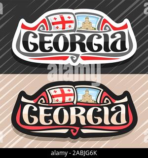 Vector logo for Georgia country, fridge magnet with georgian flag, original brush typeface for word georgia and national georgian symbol - Holy Trinit Stock Vector