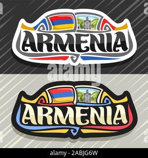 Vector logo for Armenia country, fridge magnet with armenian state flag, original brush typeface for word armenia, national armenian symbol - bell tow Stock Vector
