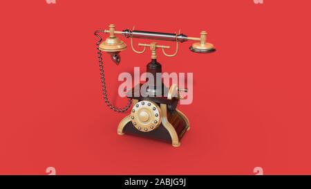 Vintage telephone. Retro old phone isolated on red background. 3d illustration Stock Photo