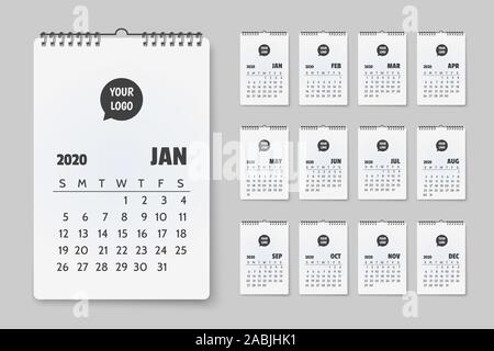 Wall calendar 2020 template. White corporate calendar new year 2020 with space for logo. Pocket calendar layout for 2020 years. Week starts from Sunda Stock Vector