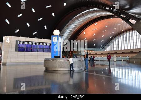 Doha, Qatar - Nov 24. 2019. Information desk of Hamad International Airport Stock Photo