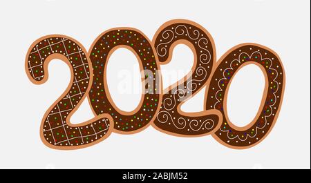 Gingerbread numbers 2020, cookies on a white background. Christmas greeting card template. Vector Stock Vector
