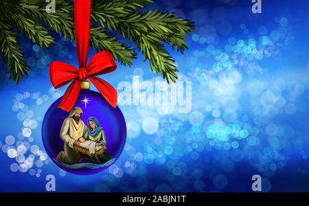 Christmas story. Christmas night, Mary, Joseph and the baby Jesus, Son of God , Christmas decorative toy with red bow on a festive background, art ill Stock Photo