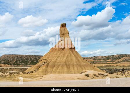 Castildetierra is a single rock eroded in the Spanish badlands Bardenas Reales. Stock Photo