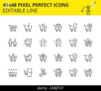 Scaled Icons for Shopping Cart and Commerce which includes Marketing, Mobile Shop, Payment, Sale etc. Pixel Perfect Editable Set 48x48. Vector. Stock Vector
