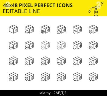 Scaled Icons of Package and Delivery boxes. Can use in Mobile and Web applications which includes Export, Cargo, Save, Search Goods etc. Pixel Perfect Stock Vector