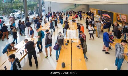 SAN FRANCISCO, USA, - OCTOBER 28, 2018: Customers browsing inside the Apple Store, Sanfrancisco, California, USA. Stock Photo
