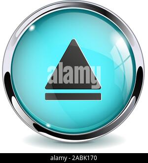 Web media button. Blue glass 3d icon with metal frame Stock Vector