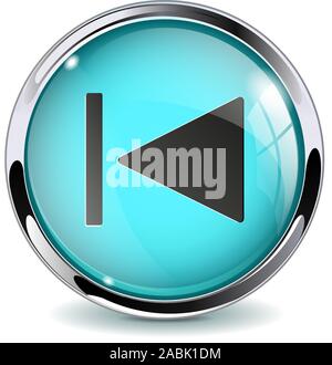 Web button Rewind. Blue glass 3d icon with metal frame Stock Vector