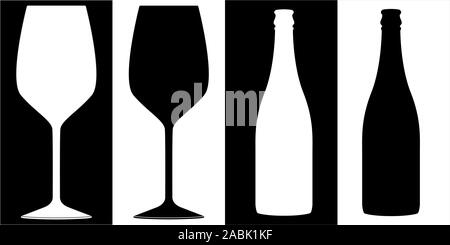 Bottles and glasses. Black and white flat icons Stock Vector
