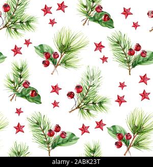 Christmas watercolor seamless pattern. Hand painted illustration with pine tree, red berries and star decor. Winter holiday background for greeting Stock Photo