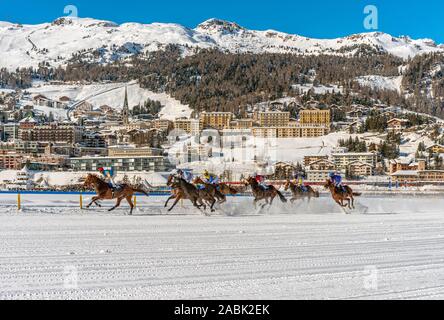 White Turf horse race in front of St.Moritz Dorf, Switzerland Stock Photo