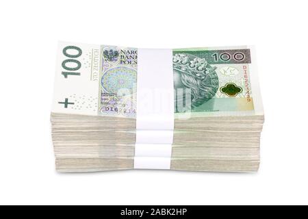 Bundles of polish 100 zloty banknotes. Isolated on white. Clipping Path included. Stock Photo