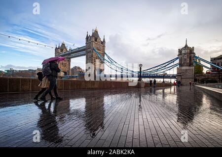 Morning scene in a rainy day in London at Tower Bridge Stock Photo