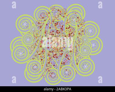 Abstract digital illustration of green ornament on violet background. Stock Vector
