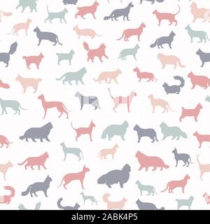 Cat breeds icon set flat style seamless pattern. Cartoon silhouettes cats characters collection. Vector illustration Stock Vector