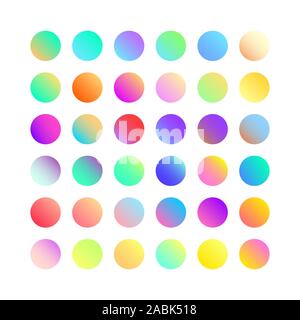 Rounded holographic gradient sphere button. Multicolor green purple yellow orange pink cyan fluid circle gradients, colorful soft round buttons or Stock Vector