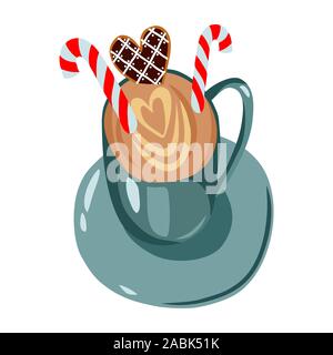 Isolated cute vector christmas illustration: cup with coffee, candies and gingerbread. Hot cocoa, sweets and cookies on a white Stock Vector