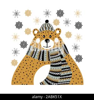 Art vector monochrome Christmas illustration with cute cartoon bear and snowflakes on white. Artwork for use in design of scandinavian style Stock Vector