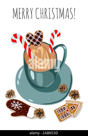 Cute vector christmas illustration: cup with coffee, candies and gingerbread. Hot cocoa, sweets and cookies on a white Stock Vector