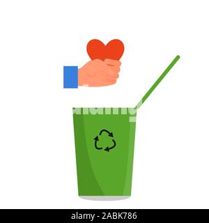 Caucasian human hand holding red heart in fist over the green trash can. Concept of divorce, tough business, cruelty, callousness, lack of empathy Stock Vector