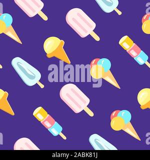 Creative seamless pattern with ice cream in wafer, waffle or sugar cone. Backdrop with delicious frozen dessert. Vector illustration in line art style Stock Vector