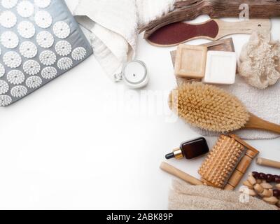 Body care products on white background, with copy space. Natural eco friendly zero waste concept, top view Stock Photo