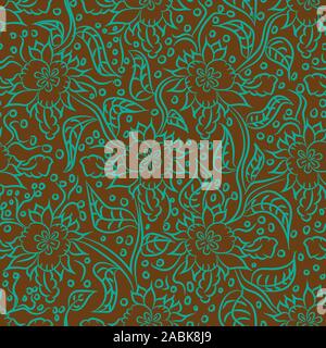 decorative seamless vector pattern with linear floral ornament in teal on brown background Stock Vector