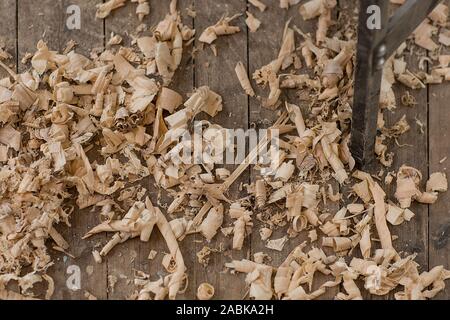 Poplar wood shaving laying on the workshop floor of a design studio with dark wooden planks. Vintage woodworking, handwork, handmade. Beautiful carvin Stock Photo