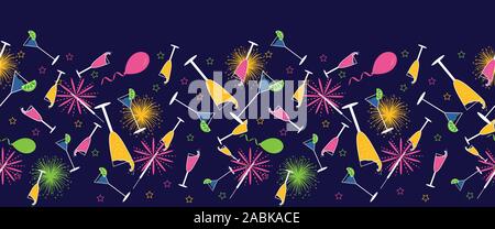 Fun party vector seamless horizontal border with champagne,cocktail glasses ,balloons and fireworks. Stock Vector
