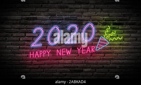 Happy new year shiny neon fluorescence lamps sign glow on black brick wall. colorful sign board with colorful text Happy new year 2020 and party poppe Stock Photo