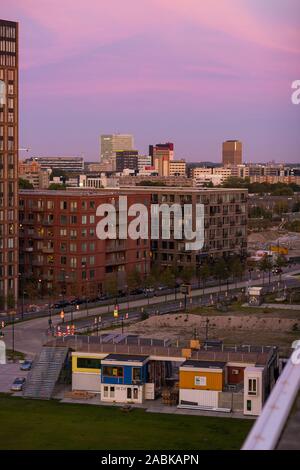 Eindhoven, The Netherlands, September 17th 2018 A view on Plug-in City with the new architecture Strijp S buildings in the background during sunset, p Stock Photo