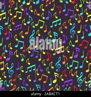 Musical notes, melodious sign and symbols seamless pattern. Multi-colored musical notes and treble clef on dark background. For the design of fabric, Stock Vector