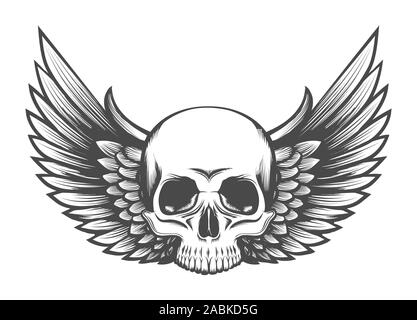 Human Skull with Wings tattoo drawn in Engraving style. Vector illustration. Stock Vector