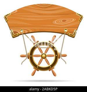 Wooden Signboard with steering wheel on a ropes drawn in cartoon style. Vector illustration. Stock Vector