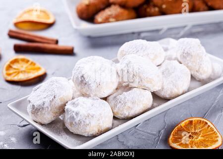 Traditional homemade greek melomakarona and kourabiedes for Christmas Stock Photo