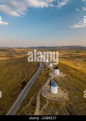 Aerial view of Route of Don Quixote with windmills in Consuegra, Spain ...