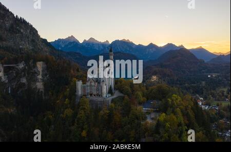 Aerial view of Neuschwanstein castle before sunset. Autumn in Germany Stock Photo