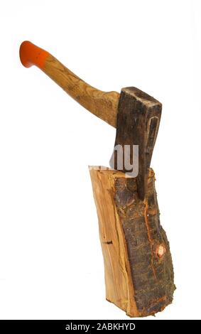 Ax stuck in a log of wood isolated on white background Stock Photo