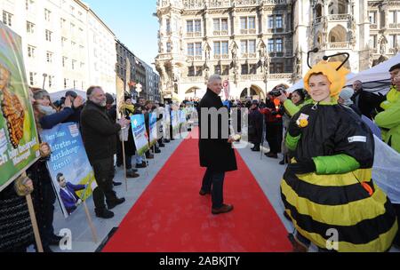 Opening event of the petition for a referendum 'Biodiversity - Save the bees' with numerous Bavarian celebrities on Marienplatz in front of the Munich Town Hall. In the picture, Lord Mayor Dieter Reiter (SPD) walks on the red carpet through a trellis of activists. [automated translation] Stock Photo