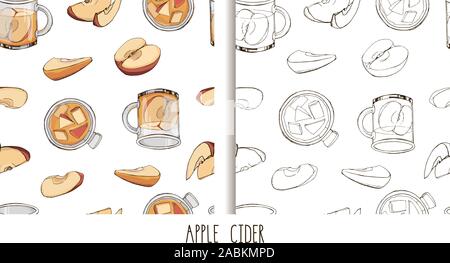 Set of hand drawn vector seamless patterns with popular hot winter drinks. Apple cider. Print for New Year design. Colorful endless texture. Menu deco Stock Vector