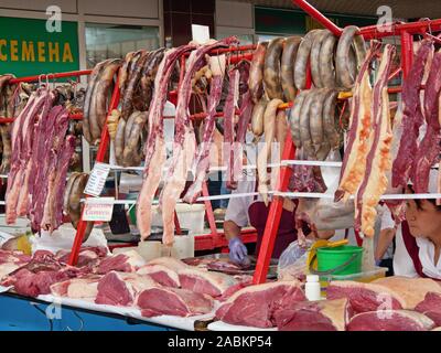 Almaty, Kazakhstan - August 24, 2019: In the meat section of the famous Green Bazaar in Almaty, Kazachstan Stock Photo