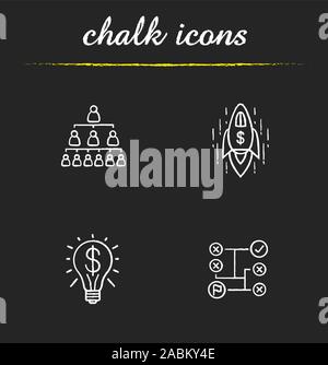 Business concepts chalk icons set. Company hierarchy, problems solving, successful idea and spaceship. Isolated vector chalkboard illustrations Stock Vector