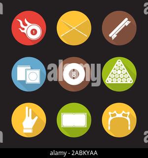Billiard flat design long shadow icons set. Pool game equipment. Burning ball, crossed cues, brush, chalk, eight ball, ball rack, glove, table and res Stock Vector